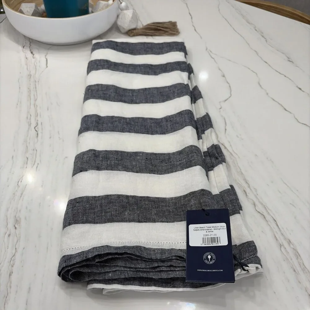 NWT Frescobol Carioca 100% Linen Beach Towel Midnight Blue Striped- Netjets EXC!